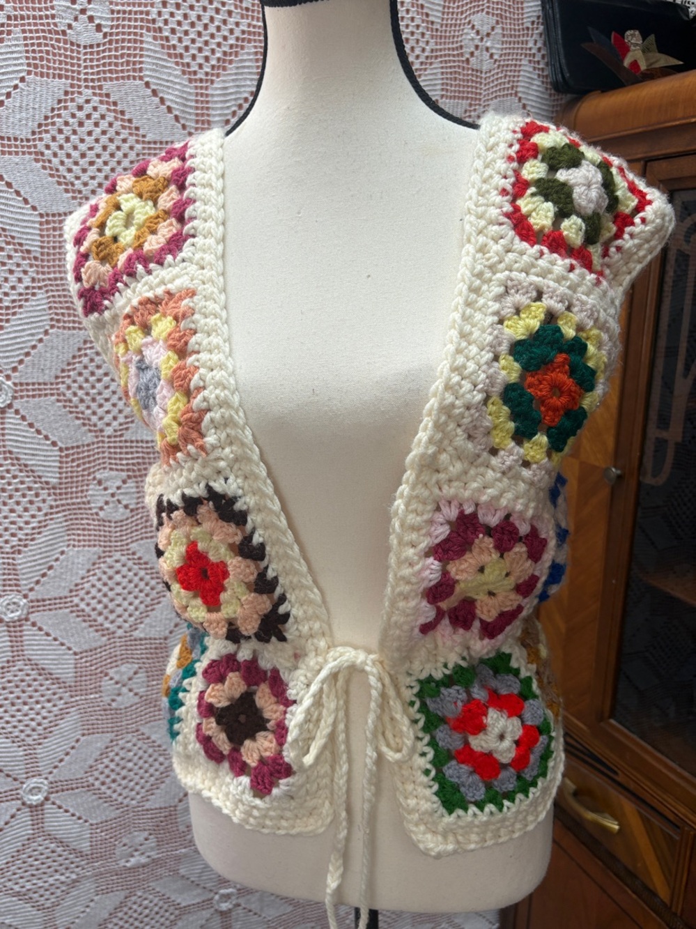 Handmade crochet granny square vest — very 70s/boho inspired